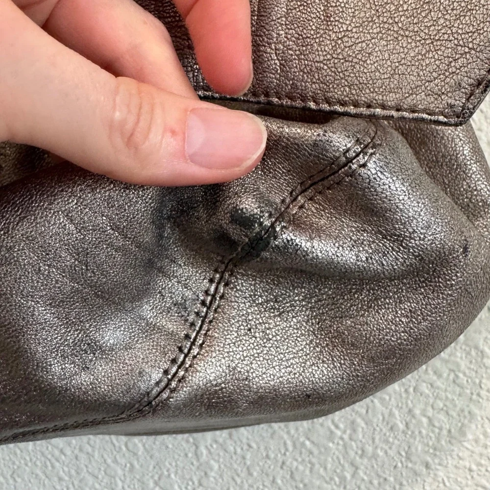 Kooba Metallic‎ Pewter Leather Bow Shoulder Bag Hobo Brass Hardware Vintage Y2K